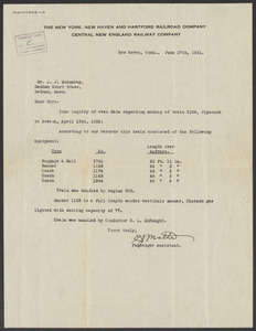 Sacco-Vanzetti Case Records, 1920-1928. Defense Papers. Railway Company to J.J. McAnarney, June 27, 1921. Box 4, Folder 14, Harvard Law School Library, Historical & Special Collections