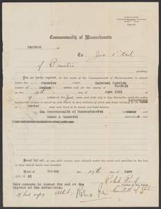 Sacco-Vanzetti Case Records, 1920-1928. Defense Papers. Summons to Joe O'Neil, June 27, 1921. Box 4, Folder 15, Harvard Law School Library, Historical & Special Collections