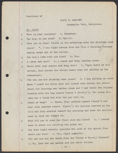 Sacco-Vanzetti Case Records, 1920-1928. Defense Papers. Transcript of Inquest, pages 43-51: Testimony of James E. McGlone. April 1921. Box 4, Folder 18, Harvard Law School Library, Historical & Special Collections