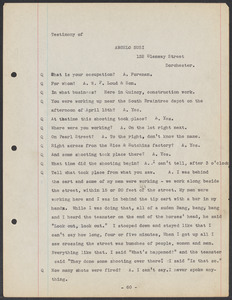 Sacco-Vanzetti Case Records, 1920-1928. Defense Papers. Transcript of Inquest, pages 60-76: Testimony of Angelo Susi, Edward Carter, John Mannex, Thomas F. Treacy, April 1921. Box 4, Folder 20, Harvard Law School Library, Historical & Special Collections