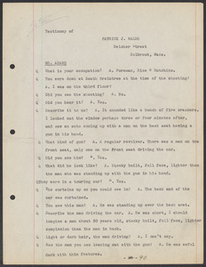 Sacco-Vanzetti Case Records, 1920-1928. Defense Papers. Transcript of Inquest, pages 90-101: Testimony of Patrick J. Walsh, Michael Levangie, Ralph L. Deforrest, April 1921. Box 4, Folder 22, Harvard Law School Library, Historical & Special Collections