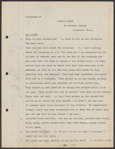 Sacco-Vanzetti Case Records, 1920-1928. Defense Papers. Transcript of Inquest, pages 102-121: Testimony of Donald Wight, Samuel Beer, Carl J. Knips, John C. Hubbard, Olaf Olson, Lawrence D. Ferguson, Mark Edward Carrigan, Winfred H. Pierce, Louis DiBarradinos, April 1921. Box 4, Folder 23, Harvard Law School Library, Historical & Special Collections