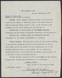 Sacco-Vanzetti Case Records, 1920-1928. Defense Papers. Court orders for special sittings, 1921. Box 4, Folder 26, Harvard Law School Library, Historical & Special Collections