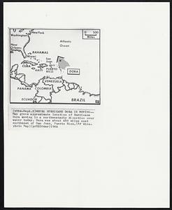 Where Hurricane Dora is Moving--Map gives approximate location of Hurricane Dora moving in a northwesterly direction over water today. Dora was about 450 miles east northeast of San Juan, Puerto Rico.