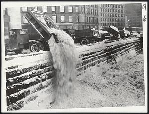 Unwanted--A truck load of snow, gathered from streets in the heart of Boston, is dumped into Fort Point channel. Note the other trucks lined up along the channel wall. They dispose of their unwelcome burdens and return for more.