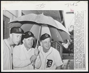 Their First Postponement- Jack Tighe, center, new manager of the Detroit Tigers, huddles under umbrella with bonus outfielder Jim Small, left, and southpaw pitcher Al Aber after postponement of opening of Detroit advance camp today. Tighe stepped into managerial spot from Tiger coaching position, replacing Bucky Harris. Small, of Portland, Oregon, batted .319 with Detroit last year. Aber, of Cleveland, Ohio, had a 4-4 record with Tigers in 1956. Heavy rains forced out the workout.