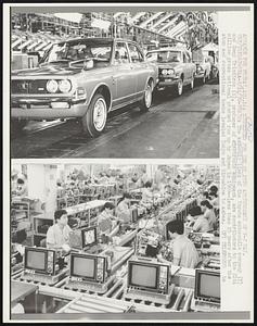 Suggested for Use on 25th Anniversary of V-J Day. The assembly lines of the Toyota automobile company (T) and Sony Trinitron (B), producer of electronic equipment, are contributors to the $164 million gross national product run up by Japan in 1969 -- less than 25 years after the atom and conventional bombs leveled Tokyo and Hiroshima to ashes.