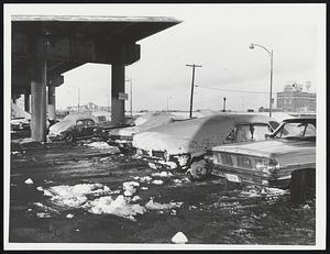 Cars Towed From Boston Streets to Under Expressway on Albany St. Weather Snowstorm 2/24/69