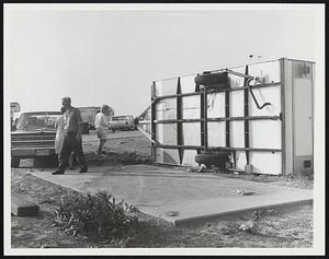 Trailer flipped over by windstorm, Salisbury Beach, Massachusetts