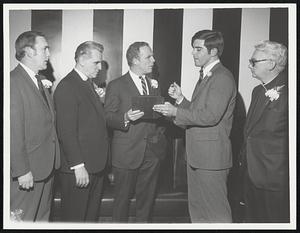 L.R. Prof. Albert Folkard, Faculty Award of Honorary Key. Very Rev. W. Seavey Joyce S.J. Pres. of BC. Mayor Kevin White, Gold Key Society Community Award. James Lantier - White Plains, N.Y. Pres. Gold Key Society. Rev. Francis X. Shea S. J. - Exec. V.P. B.C. Faculty Award of Honorary Key. Gold Key Society Dedicated to Service + Sacrifice for College + Community.