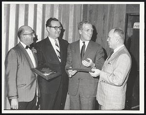 Taxi drivers at Blinstrubs. Frank Bollino of Dorchester Pres. Boston Taxi Driver Asso. Irving M. Siegel of Brookline. Mayor Elect White. Isaac Prager of Brookline. Siegal + Prager are Award recipients presented by White