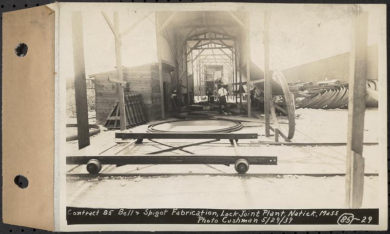 Contract No. 85, Manufacture and Delivery of Precast Concrete Steel Cylinder Pipe, Southborough, Framingham, Wayland, Natick, Weston, bell and spigot fabrication, Lock Joint plant, Natick, Mass., May 29, 1939