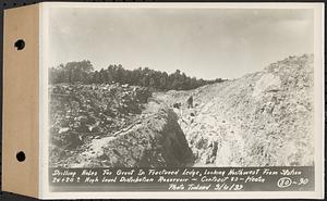 Contract No. 80, High Level Distribution Reservoir, Weston, drilling holes for grout in fractured ledge, looking northwest from Sta. 24+20+/-, high level distribution reservoir, Weston, Mass., Sep. 6, 1939