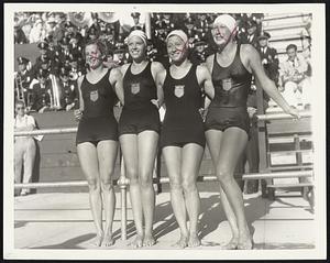 Winners of 400-Meter Relay Swim. Another world and Olympic record went into the discard August 12 at the Olympic Games in Los Angeles, Calif., when the 400-meter relay swimming event was won by the United States. Left to right; Josephine McKim, Helen Johns, Eleanor Garrati Saville and Helene Madison. The time was four minutes and 38 seconds.