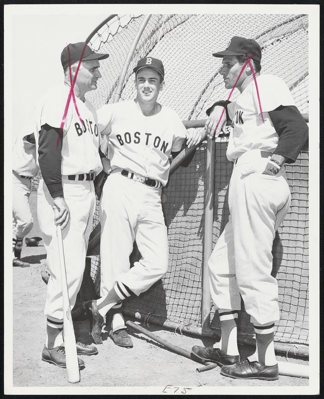 #14 -- Advice From The Old Master -- Former Red Sox star second baseman Bobby Doerr (left) had a lot of sound advice to offer the 1963 Red Sox second base combination of Chuck Schilling (center) and Ed Bressoud on his recent visit to Red Sox training headquarters in Arizona.