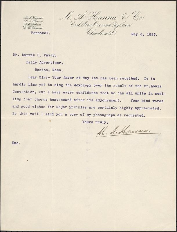 Letter from M.A. Hanna, Cleveland, O., to Darwin C. Pavey, Boston, Mass., 1896 May 6