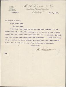 Letter from M.A. Hanna, Cleveland, O., to Darwin C. Pavey, Boston, Mass., 1896 May 6