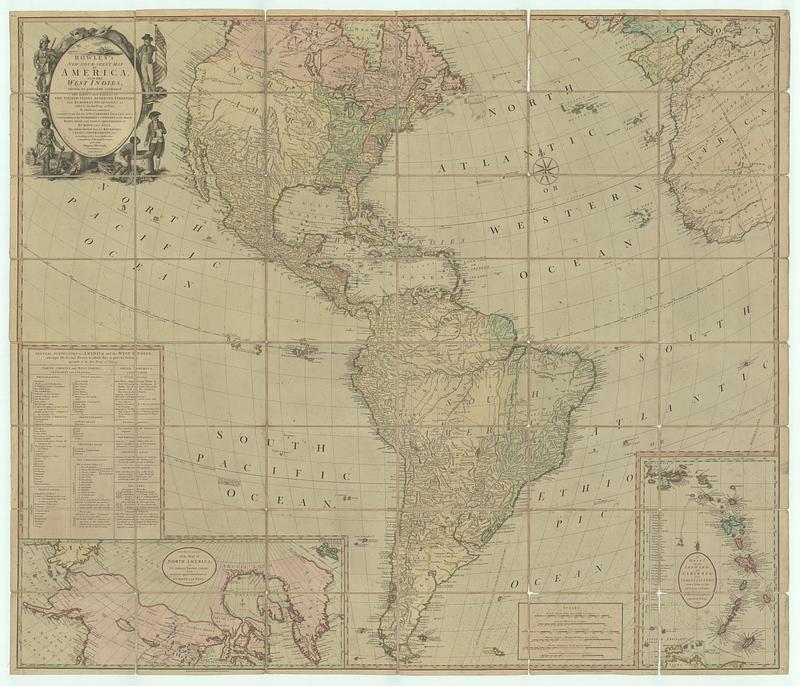 Bowles's new four-sheet map of America, and the West Indies, wherein are particularly ascertained the limits and extent of the United States, reserved territory, and European possessions as settled by the last treaty of peace