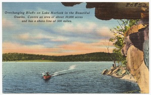 Overhanging bluffs on Lake Norfolk in the beautiful Ozarks. Covers an area of about 30,000 acres and has a shore line of 500 miles