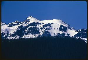 Snow-capped mountains rising above trees, British Columbia