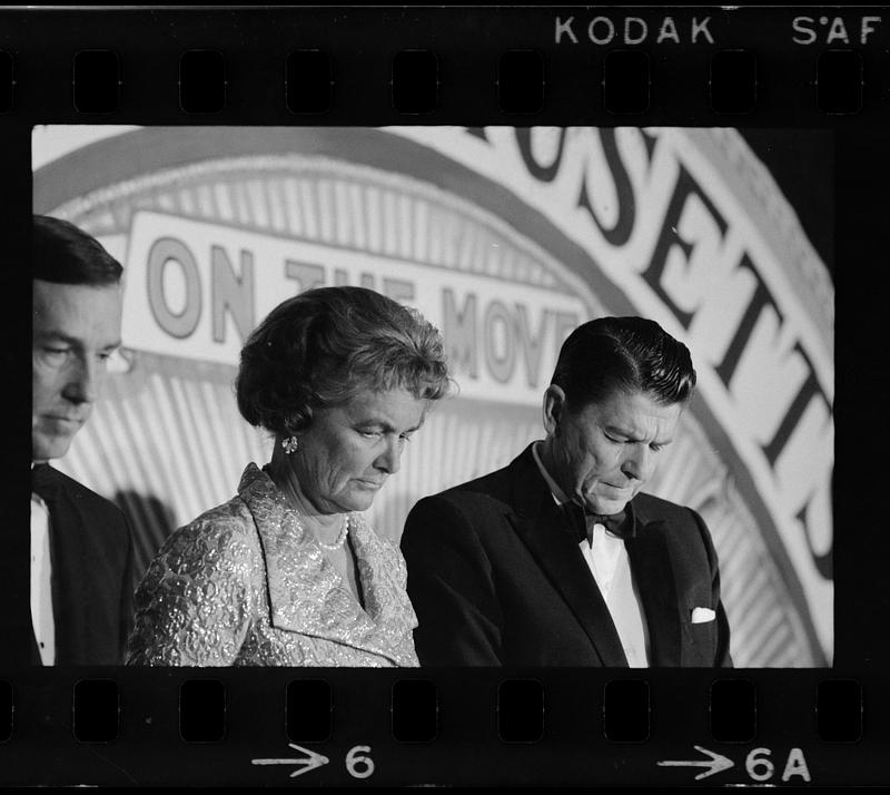 Gov. Frank Sargent's wife Jesse and Ronald Reagan at Republican fund-raiser dinner (note her displeased expression!), Framingham