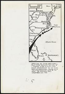 Storm Moves North-- Solid arrow indicates the path of a tropical storm reported today moving northeastward off the coast north of Charleston. Broken arrow indicates predicted route of the gale.