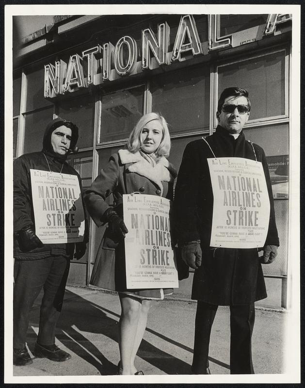 Picketing National Airlines terminal at Logan International Airport yesterday were, left to right, Anthony Defronzo of Orient Heights, a Boston ticket agent; Barbara Sulcoski of New York, a reservationist; and Ted L. Spera of Revere, a ticket agent.