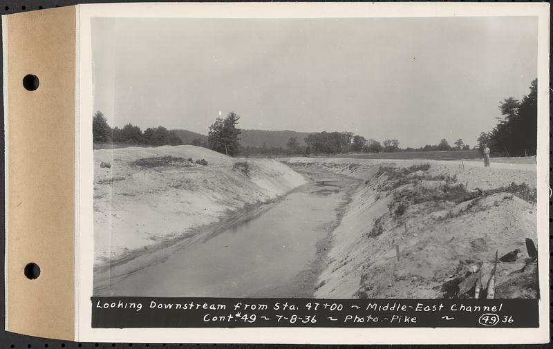 Contract No. 49, Excavating Diversion Channels, Site of Quabbin Reservoir, Dana, Hardwick, Greenwich, looking downstream from Sta. 47+00, middle-east channel, Hardwick, Mass., Jul. 8, 1936