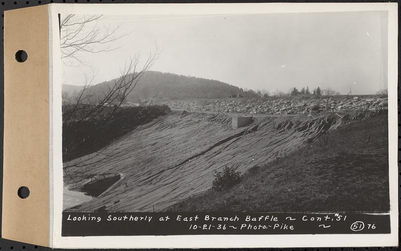 Contract No. 51, East Branch Baffle, Site of Quabbin Reservoir, Greenwich, Hardwick, looking southerly at east branch baffle, Hardwick, Mass., Oct. 21, 1936