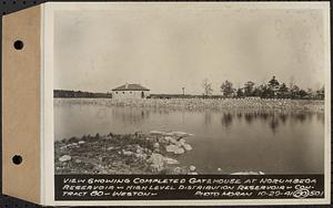 Contract No. 80, High Level Distribution Reservoir, Weston, view showing completed gatehouse at Norumbega Reservoir, high level distribution reservoir, Weston, Mass., Oct. 29, 1941