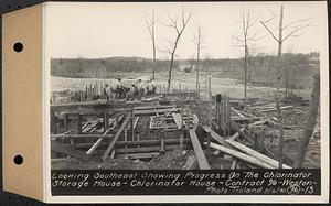 Contract No. 96, Chlorine Storage House and Equipment and Chlorinating Equipment for Gate House at Norumbega Reservoir, Weston, looking southeast showing progress on the chlorinator storage house, chlorinator house, Weston, Mass., May 6, 1940