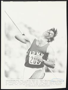He'll Lead U.S. Spear Throwers-- Bill Schmidt of Canonsburg, Pa., representing the U.S. Army, fires the javelin 270 feet 6 inches to take first place in the U.S. Olympic Trials yesterday at Eugene, Ore., and win himself a place on the team going to Munich.
