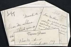 Personal letters of thanks from motion picture stars Alice Faye, Loretta Young and Tyrone Power for their new letter paper. The letters are on display at Shreve, Crump & Low Company, which designed and engraved their personal stationery.