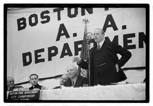 Boston Park Department function, Boston Parks Commissioner William Long seated in center