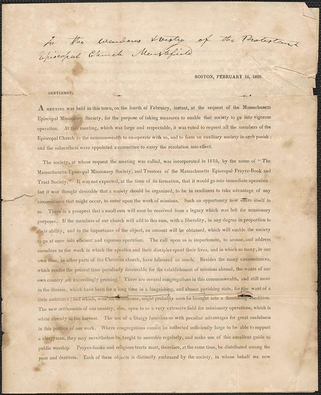 Letter from the Episcopal Missionary Committee of the Diocese of Boston to the Wardens of Trinity Marshfield