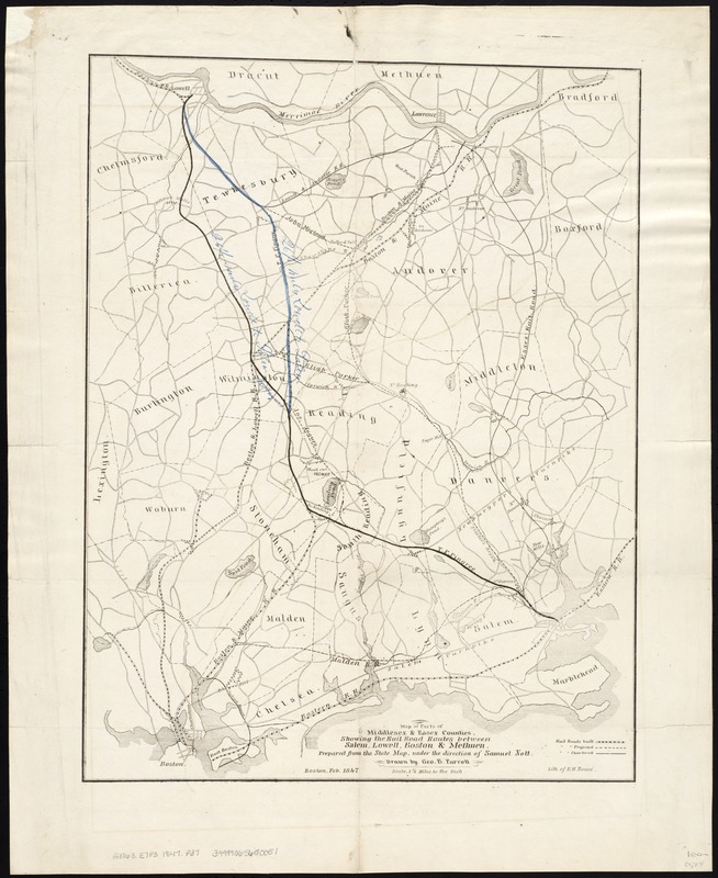 Map of parts of Middlesex & Essex counties, showing the rail road routes between Salem, Lowell, Boston & Methuen