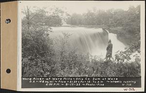 Ware River, Ware Mills Otis Co. dam, drainage area = 168 square miles, flow = 2130 cubic feet per second = 12.7 cubic feet per second per square mile, wheels running, Ware, Mass., 2:30 PM, Sep. 17, 1933