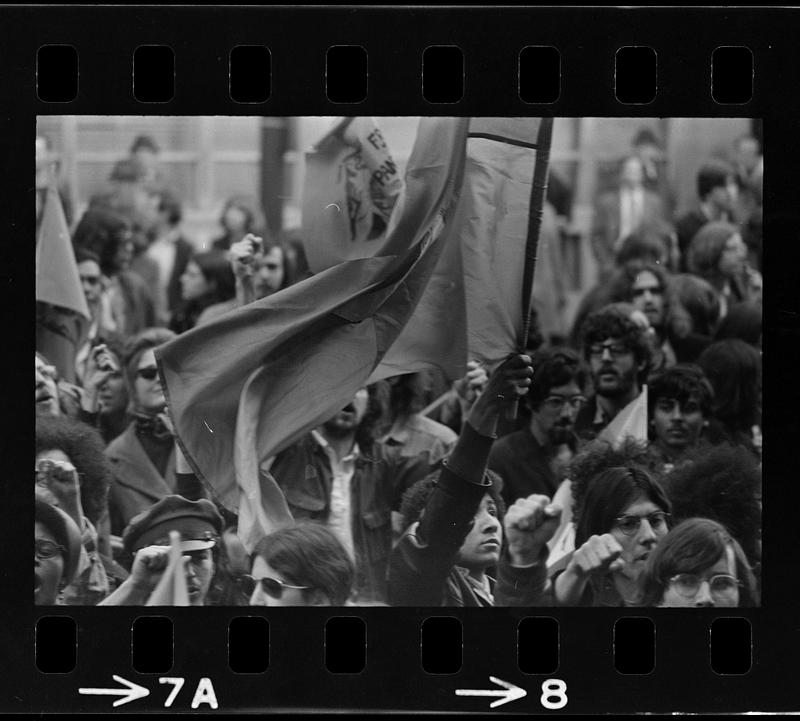 Kent State shootings demonstration: Shouting demonstrators, State House, Boston Common