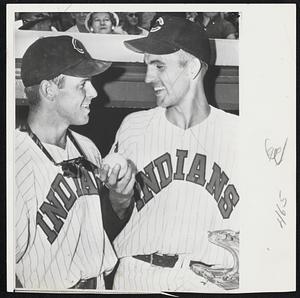 Cleveland Indian Stars of first game of Sunday doubleheader with the Washington Senators. At the left is Woody Held, who hit two homers and accounted for four runs in the 9-0 victory. At the right is 22-year-old Jim Perry, previously a relief pitcher, but called upon for a starting role. He allowed only two hits.
