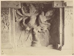 Sculptured panel of Narasimha avatara of Vishnu destroying Hiranyakashipu in Hindu Cave XV (Dasavatara), Ellora