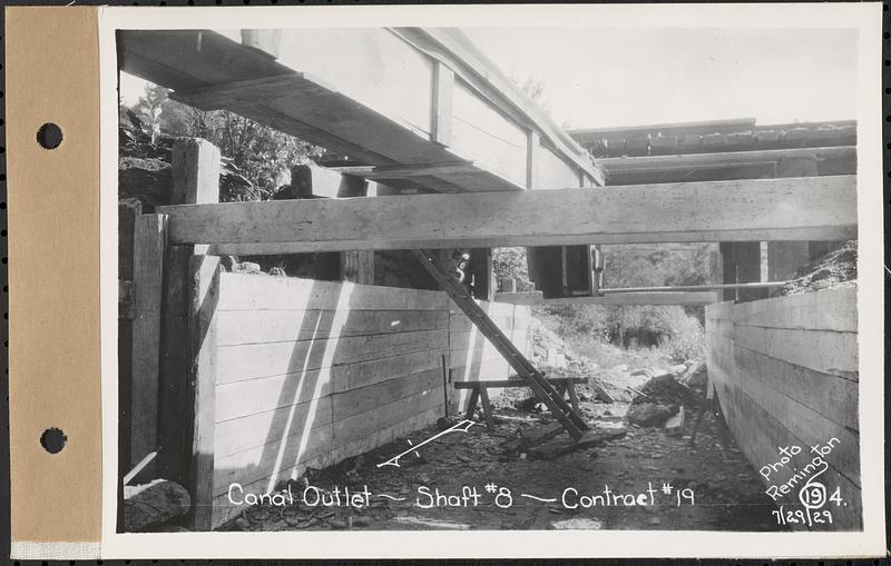 Contract No. 19, Dam and Substructure of Ware River Intake Works at Shaft 8, Wachusett-Coldbrook Tunnel, Barre, canal outlet, Shaft 8, Barre, Mass., Jul. 29, 1929