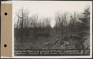 Contract No. 99, Enlargement of Fells High Level Distribution Reservoir, Stoneham, Malden, Melrose, cutting for power line looking northwest, enlargement of Fells Reservoir, Stoneham, Mass., Feb. 12, 1940