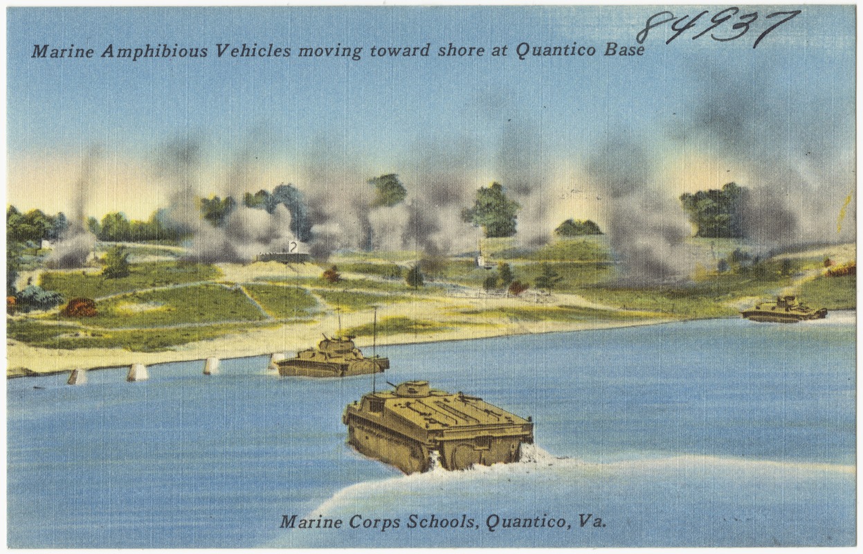 Marine amphibious vehicles moving toward shore at Quantico Base, Marine Corps Schools, Quantico