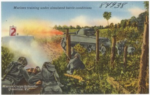Marines training under simulated battle conditions, Marine Corps Schools, Quantico, Va.