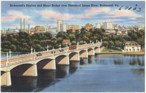 Richmond's skyline and Mayo Bridge over historical James River, Richmond, VA.