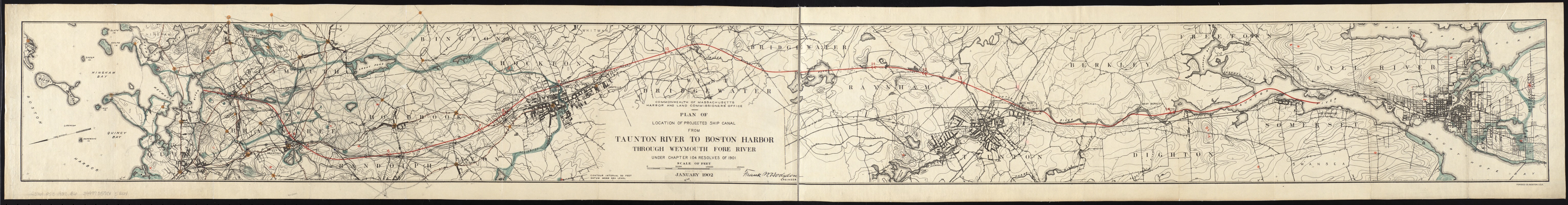 Plan of location of projected ship canal from Taunton River to Boston Harbor, through Weymouth Fore River ... Frank W. Hodgdon, engineer