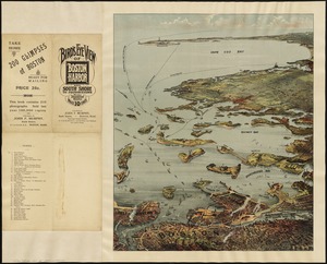 Bird's eye view of Boston Harbor and south shore to Provincetown showing steamboat routes