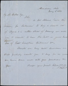 Adams & Wicks, Aberdeen, Miss., manuscript letter signed to Ziba B. Oakes, 4 January 1854