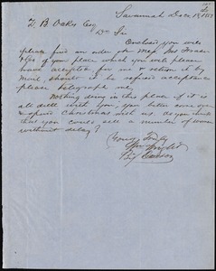 William Wright, Savannah, Ga., autograph letter signed to Ziba B. Oakes, 18 December 1853