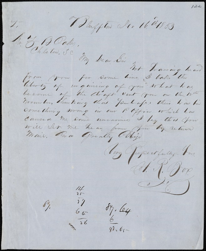 H.R. Box, Bluffton, S.C., autograph letter signed to Ziba B. Oakes, 16